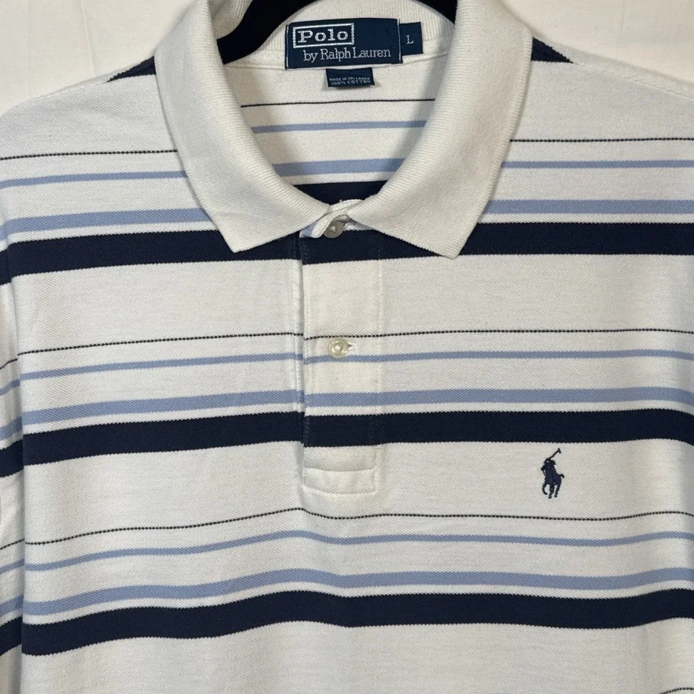 VTG Polo Ralph Lauren  Adult Large White  Blue Stripes  Short Sleeve Shirt Rugby